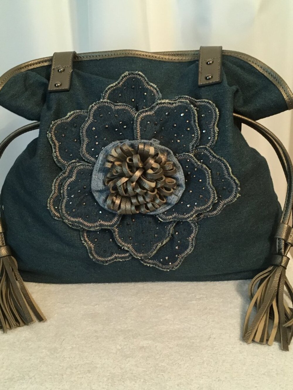 Denim and Faux Leather Two Strap Shoulder Bag